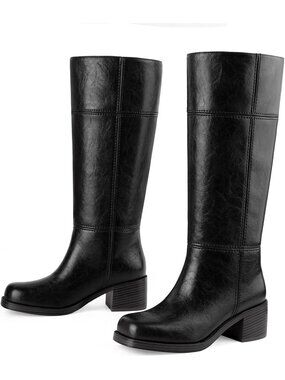 Women's Black Comfortable Knee High Square Toe Chunky Low Heel Mid-Calf Boots